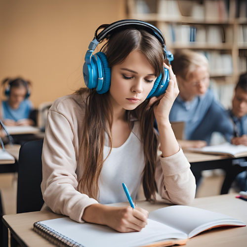 Élève en train de s’entraîner à un exercice de compréhension orale en anglais pour l’examen du TOEIC